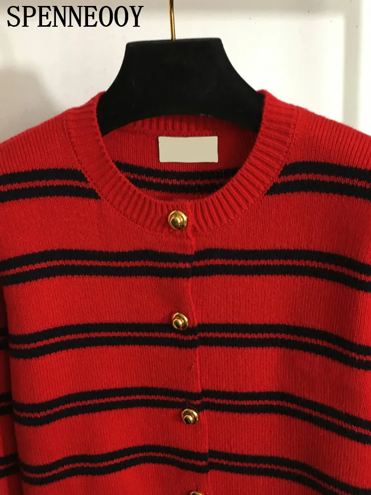 SPENNEOOY Fashion Runway Autumn Winter Red Vintage Striped Knitting Cardigan Women\'s O-Neck Loose Long Sleeve Casual Sweaters