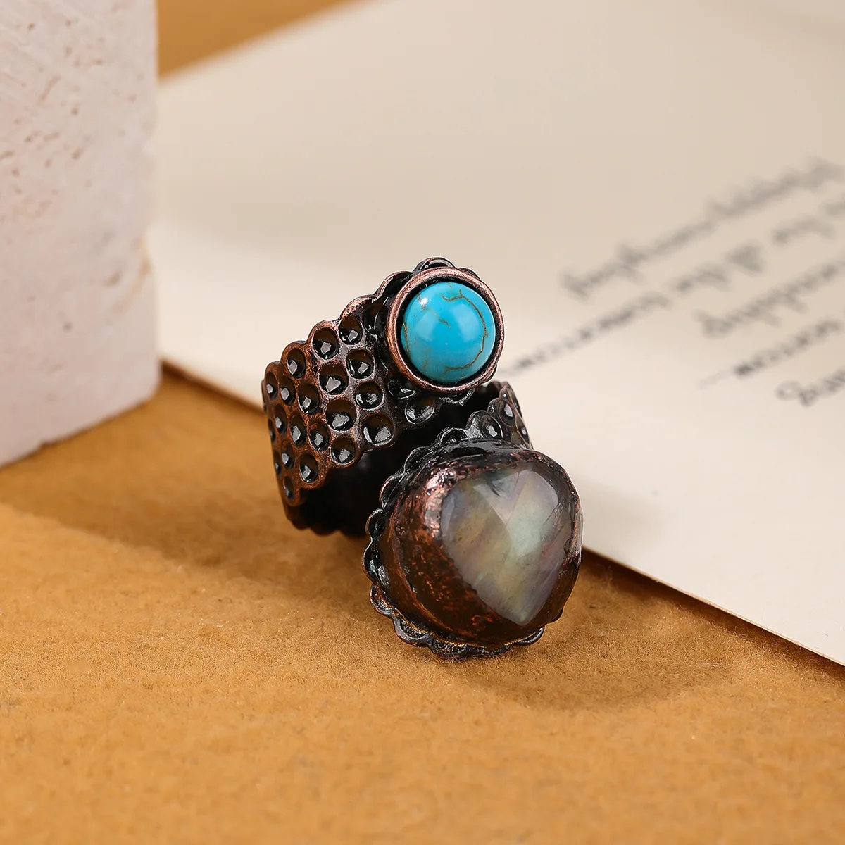 

YEEVAA Labradorite Stone Turquoise Adjustable Ring Healing Crystal Gemstone Bronze Plated Double-headed Handmade Jewelry