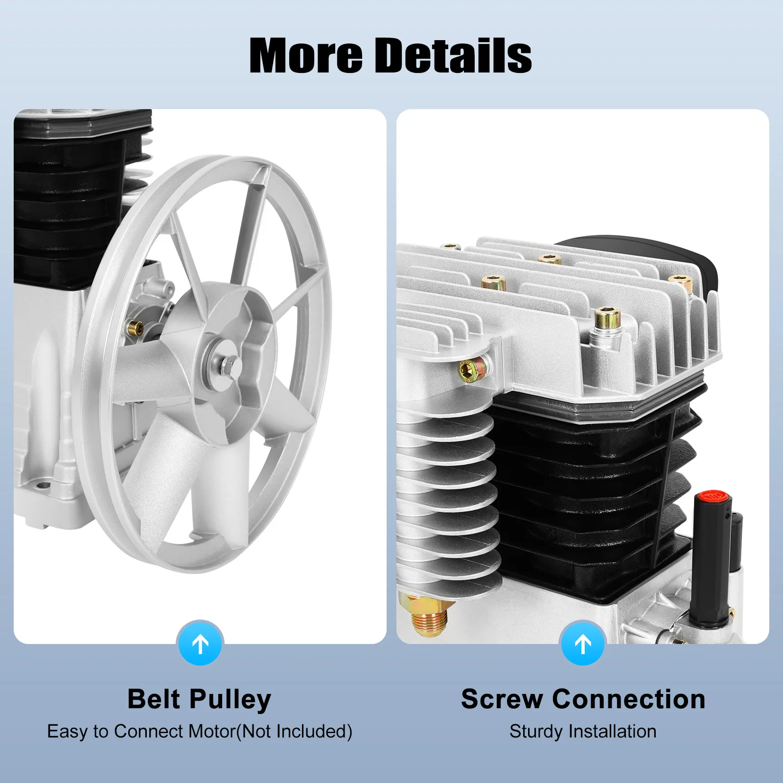 Air Compressor Pump Head Dual Cylinder Belt Pulley Drive Low Noise for Electronics Machinery Construction Automotive Repair