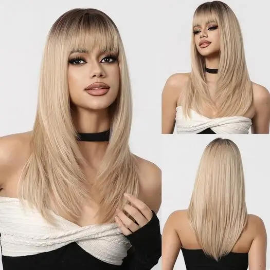 

Rice Blonde Synthetic Wig with Bangs Medium Length Straight Natural Hair Dark Roots Cosplay Daily Wigs for Women Heat Resistant