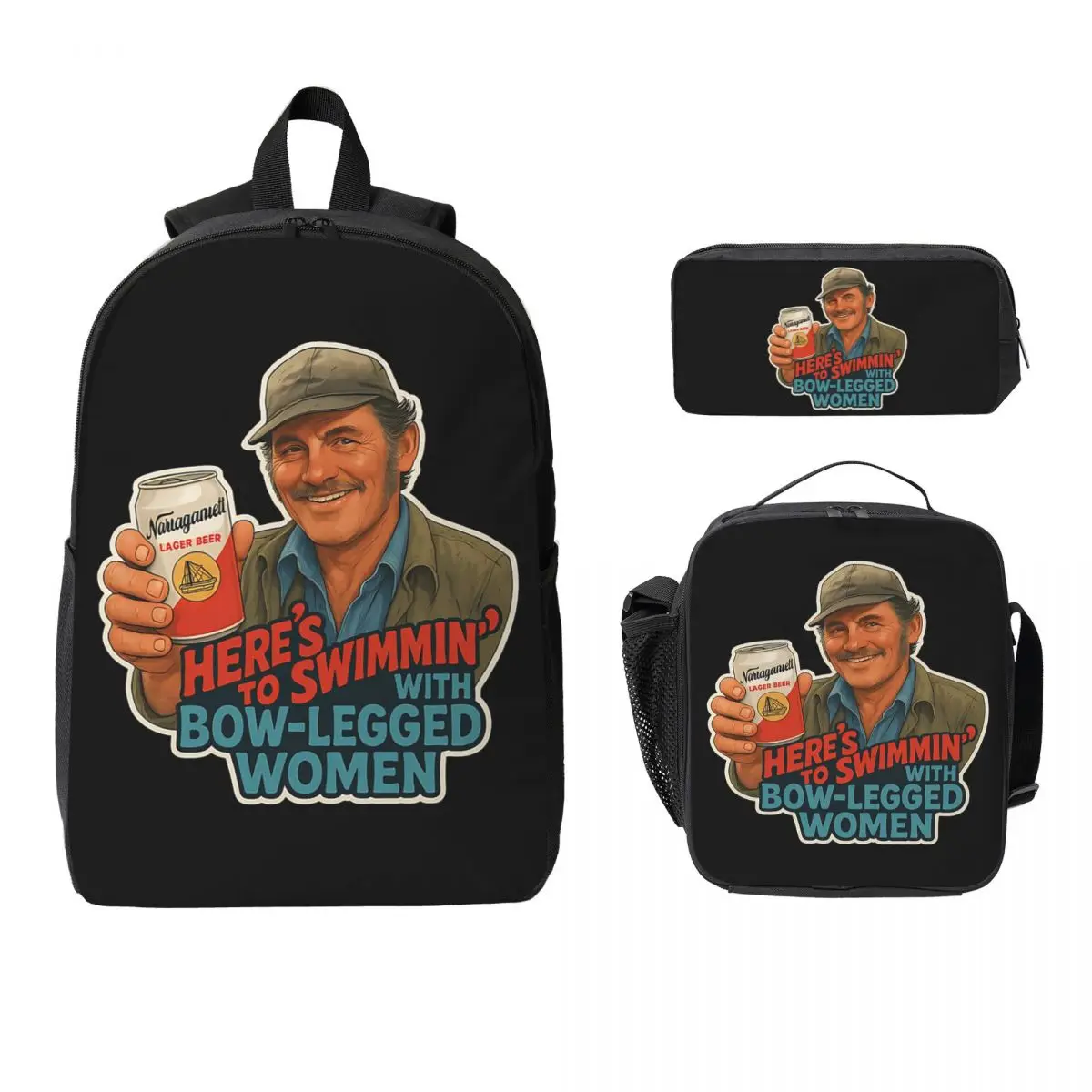 Heres To Swimmin Quint Jaws Movie Quote Backpack BookBag School Bag Computer Shoulder Bags 3ps Insulated Lunch Bag Pencil Case