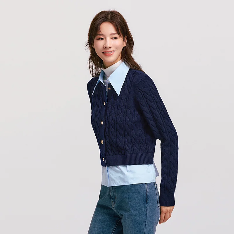 Semir Knitted Cardigan Women Contrasting Color Turn-Down Collar Cable Knit Sweater Literary Winter Fake Two-Piece Clothes