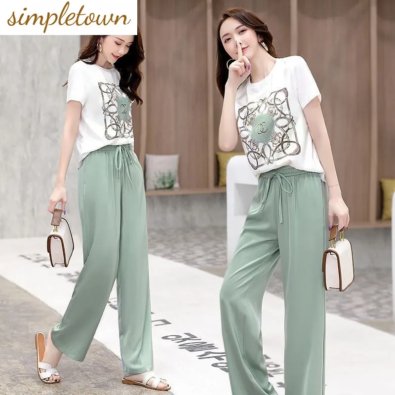 

Plus Size Retro Printed Short Sleeved T-shirt Ice Silk Wide Leg Pants Two-piece Elegant Women's Pants Set Summer Casual Outfits