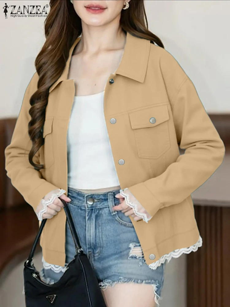 

Casual Women Denim Coat Autumn Long Sleeve Lace Patchwork Outwears 2025 ZANZEA Elegant Office Lapel Neck Solid Jackets