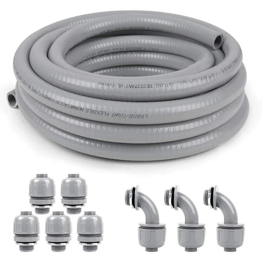 1-1/4 Inch 50ft Liquid-Tight Conduit and Connector Kit with 5 Straight and 3 90-Degree Conduit Connector Fittings