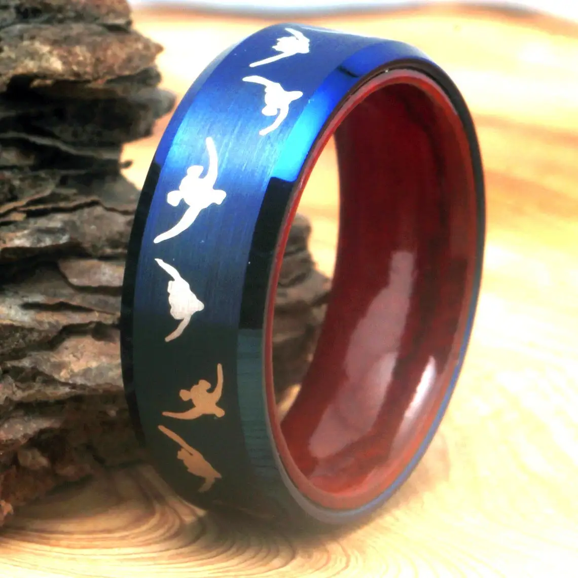 Duck Ring Duck Hunting Band Wedding Ring 8mm Matte Blue Tungsten With Wood Inner Comfort Fit Top Quality Ring Wedding Band