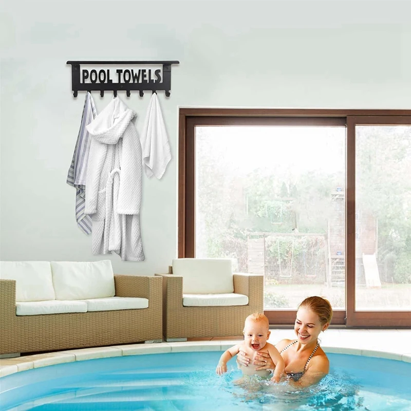 Pool Towel Racks With Shelf Outdoor Pool Decor Wall Mount Towel Hooks Towel Holder With 8 Hooks Towel Storage Hanger