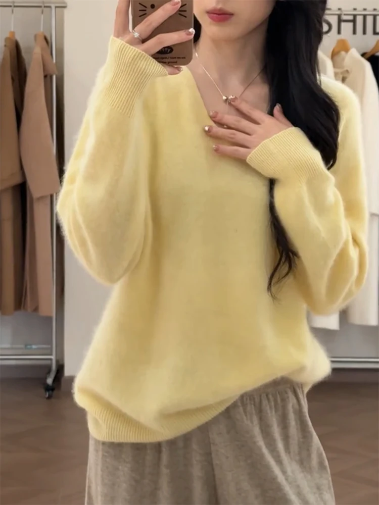 

Мягкий уютный трикотажный топ с V-образным вырезом для женщин, модный универсальный облегающий топ больших размеров, осенне-зимняя новинка в корейском стиле