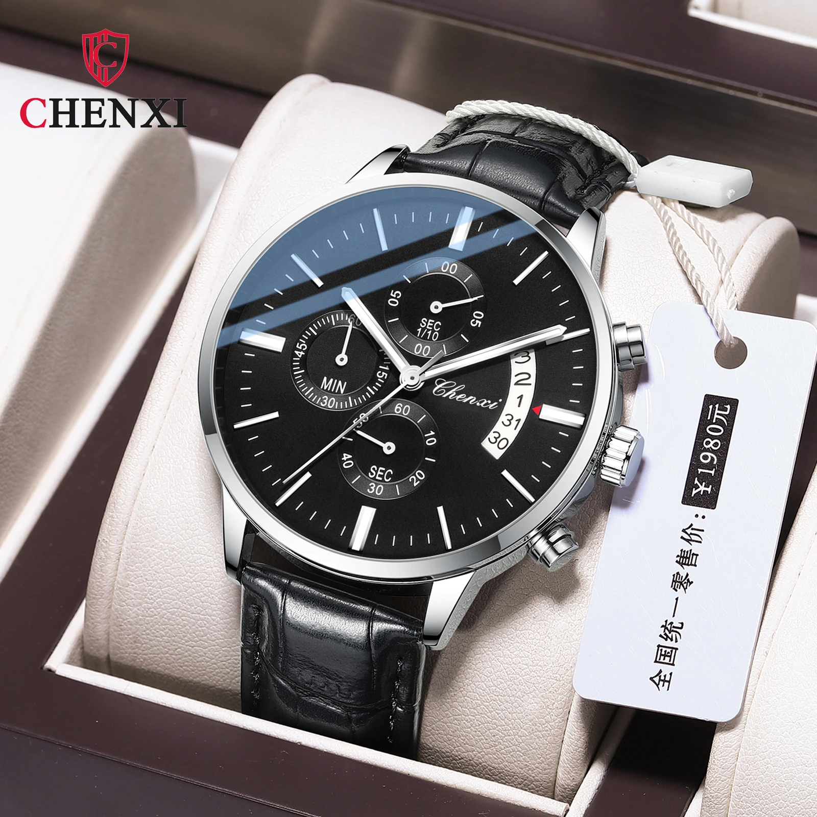 CHENXI 907 Elegant Men's Quartz Watch Multifunction Chronograph Luminous Calendar Waterproof Leather Strap Fashion Men Watches