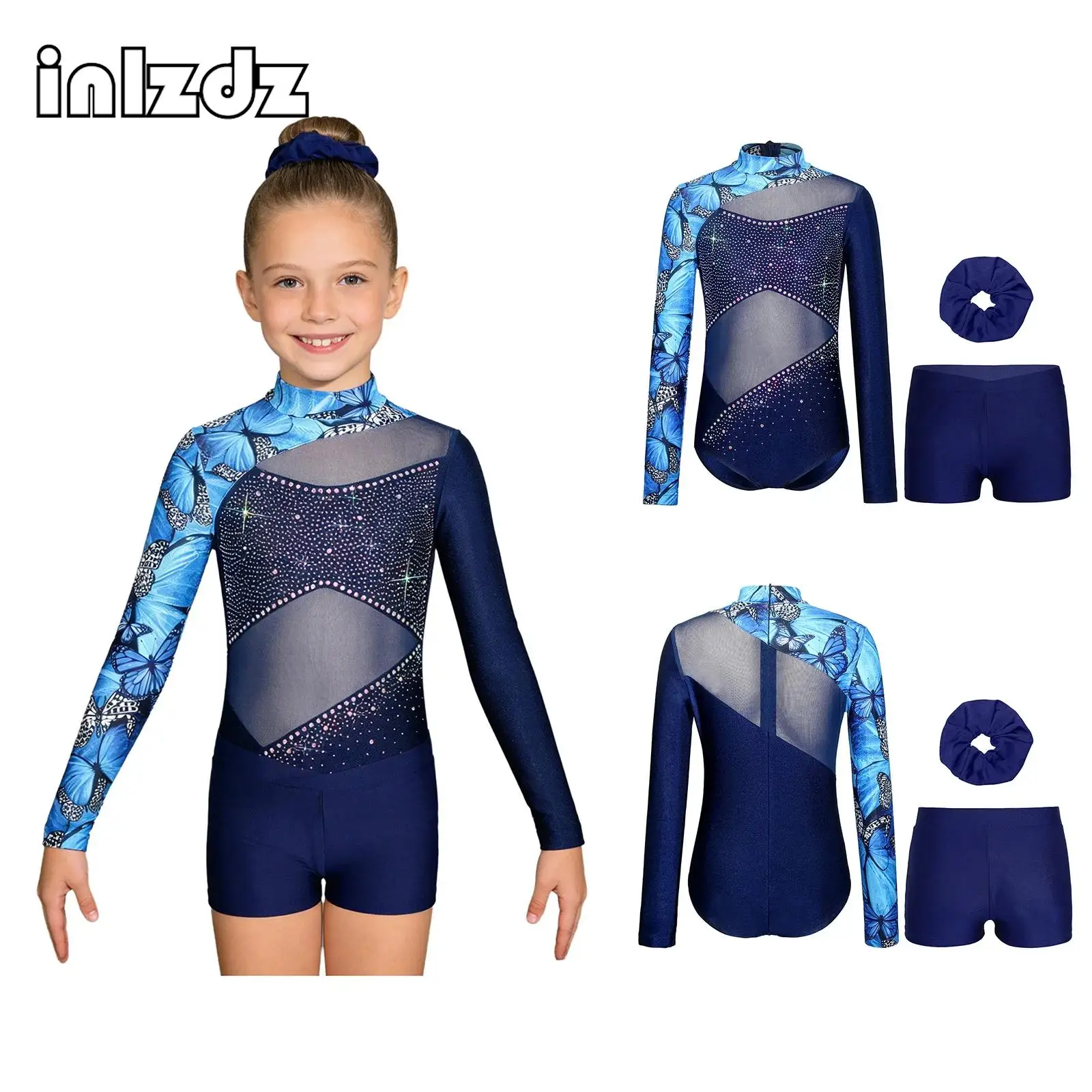 

Ballet Outfits for Girls Kids Swimsuit Long Sleeve Mesh Butterfly Print Rhinestones Leotard Gymnastics Dance Performance Costume