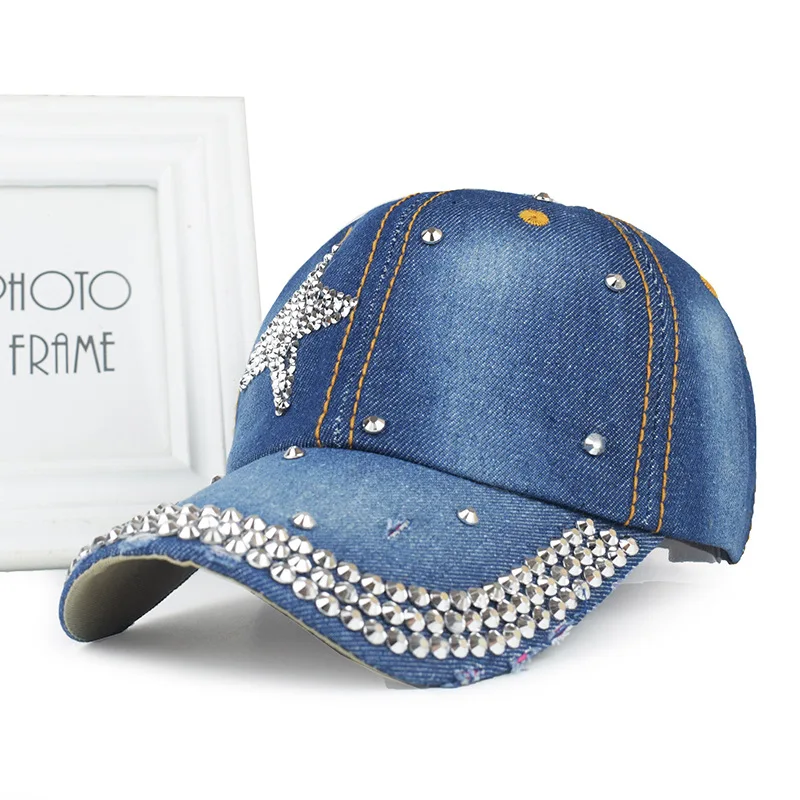 New Women Washed Denim Rhinestone Crown Baseball Cap Fashion  display picture 1