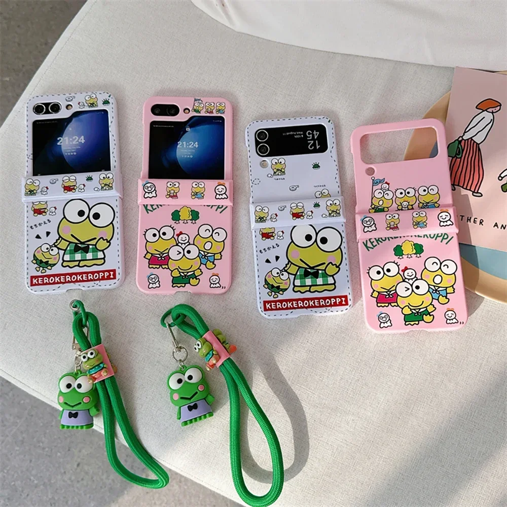 Cartoon Sanrios KeroKero Keroppi Lanyard Phone Case for Samsung Galaxy Z Flip 3 4 5 6 5G PC Hard Anti-drop Candy Shell Fundas