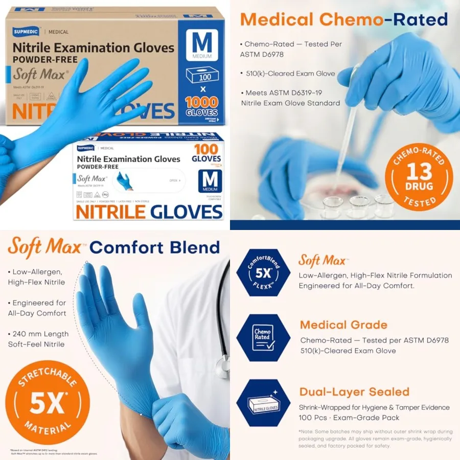 

Supmedic Medical Soft Max Nitrile Exam Gloves, 1000 Pcs Latex-Free Powder-Free Food Safe Clean Cooking Disposable Glove Blue