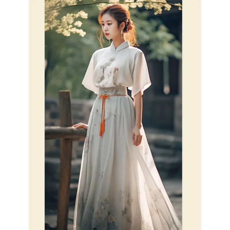 Song Dynasty Modern White Stand Collar Printed Short sleeved Hanfu Dresses 2pcs Women 2023 Summer Elegant Loose Zen Tea Dress