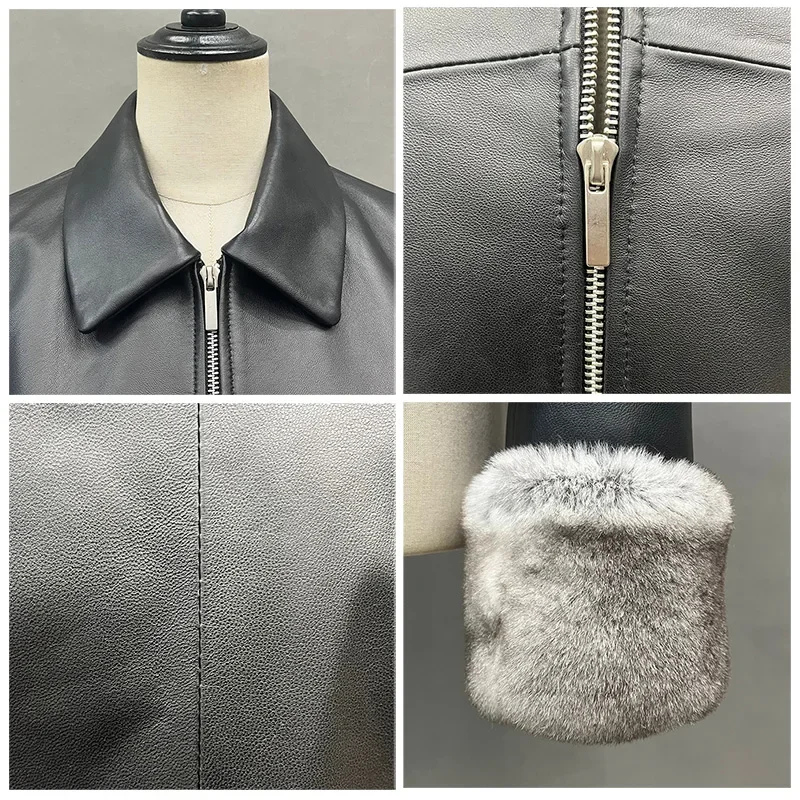 2023 New Design Women's Genuine Sheepskin Leather Jackets Fashion Chinchilla Rex Rabbit Fur Cuff Autumn Winter Lambskin Coat