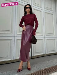 Women Red Wine Pu Leather Slim Skirt Vintage Autumn High Waist Fit Rear Fork Skirts Elegant Female Commuting Ladies Vestidos