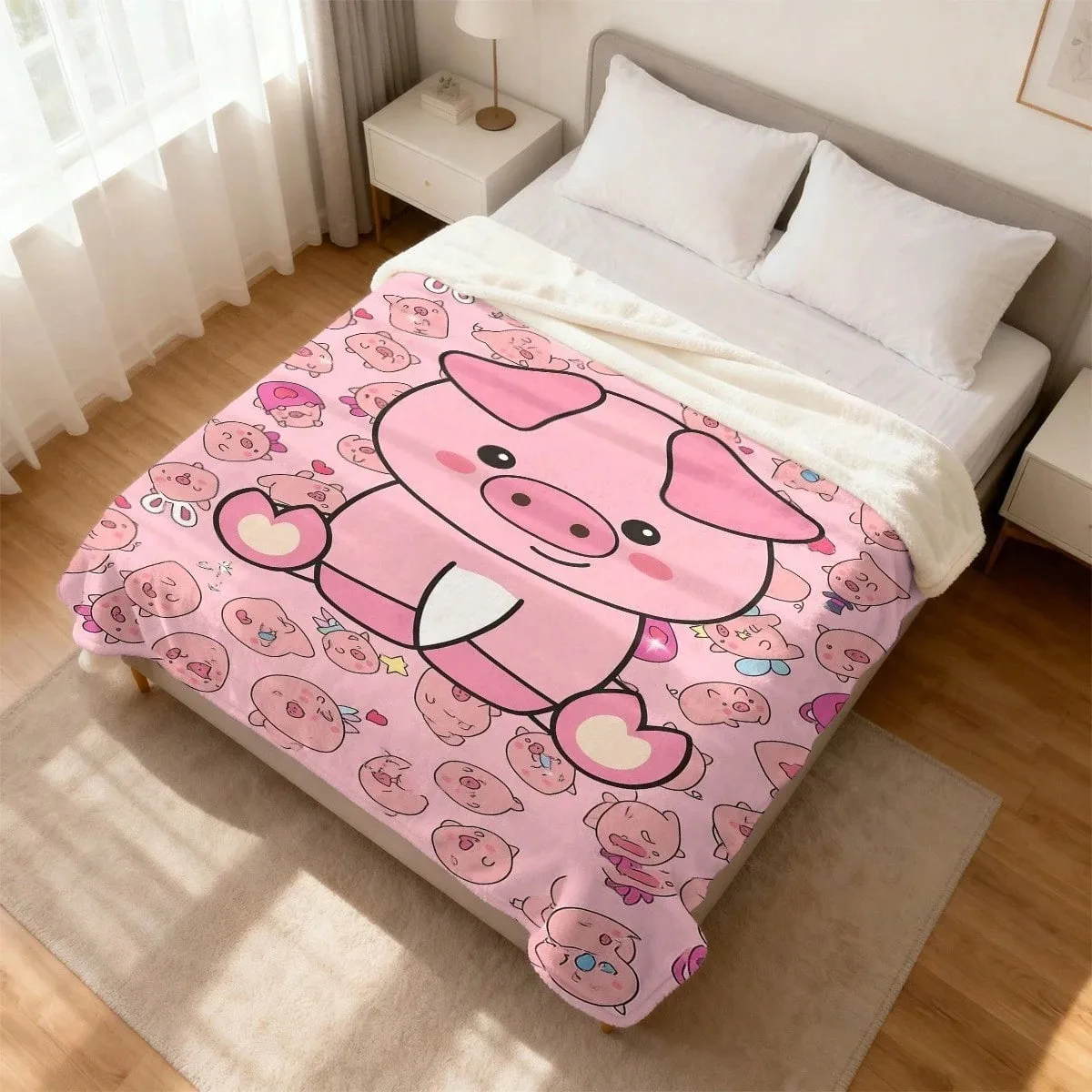1pc Pink Cartoon Pig Flannel Blanket Soft Cozy Four Season Throw Blanket Holiday Gift for Kids Bedroom Living Room Camping Home
