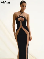 Vhiuat Hollow Out Sexy Women Striped Evening Party Maxi Dress Sleeveless Backless Halter Elegant Fashion Long Dresses Y2K 2024