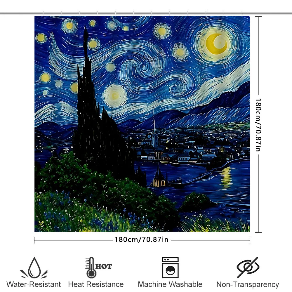 Van Gogh Starry Night Art Bath Curtain Waterproof Mildew Proof Polyester for Bathroom Decor  Suitable for Wet and Dry Separation