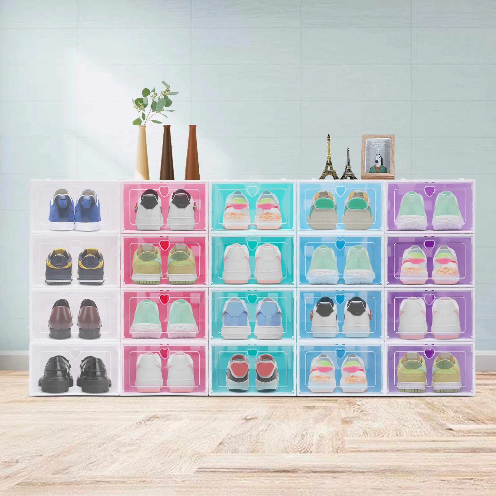 20er-Pack Transparente Schuhboxen, Harte Kunststoff-Schuhbox mit Deckel, Stapelbare Kunststoff-Schuhbox für Flache Schuhe, Sportschuhe, Farbig – Detail 1