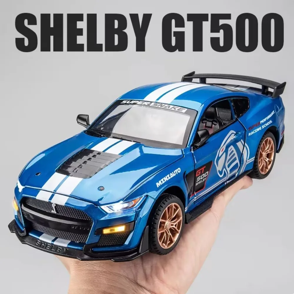 

1/24 модели Mustang Shelby GT500, автомобильные игрушки, литые под давлением спортивные автомобили из сплава, 4 двери, могут открыть звук, свет, откатная игрушка, подарки для детей