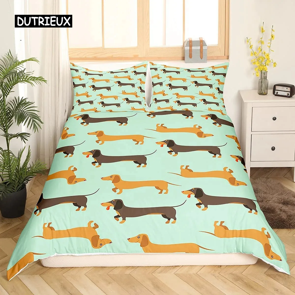 Cartoon Dachshund Bedding Set Cute Sausage Dog Duvet Cover Set Pet Puppy Printed Comforter Cover Animal Polyester Quilt Cover