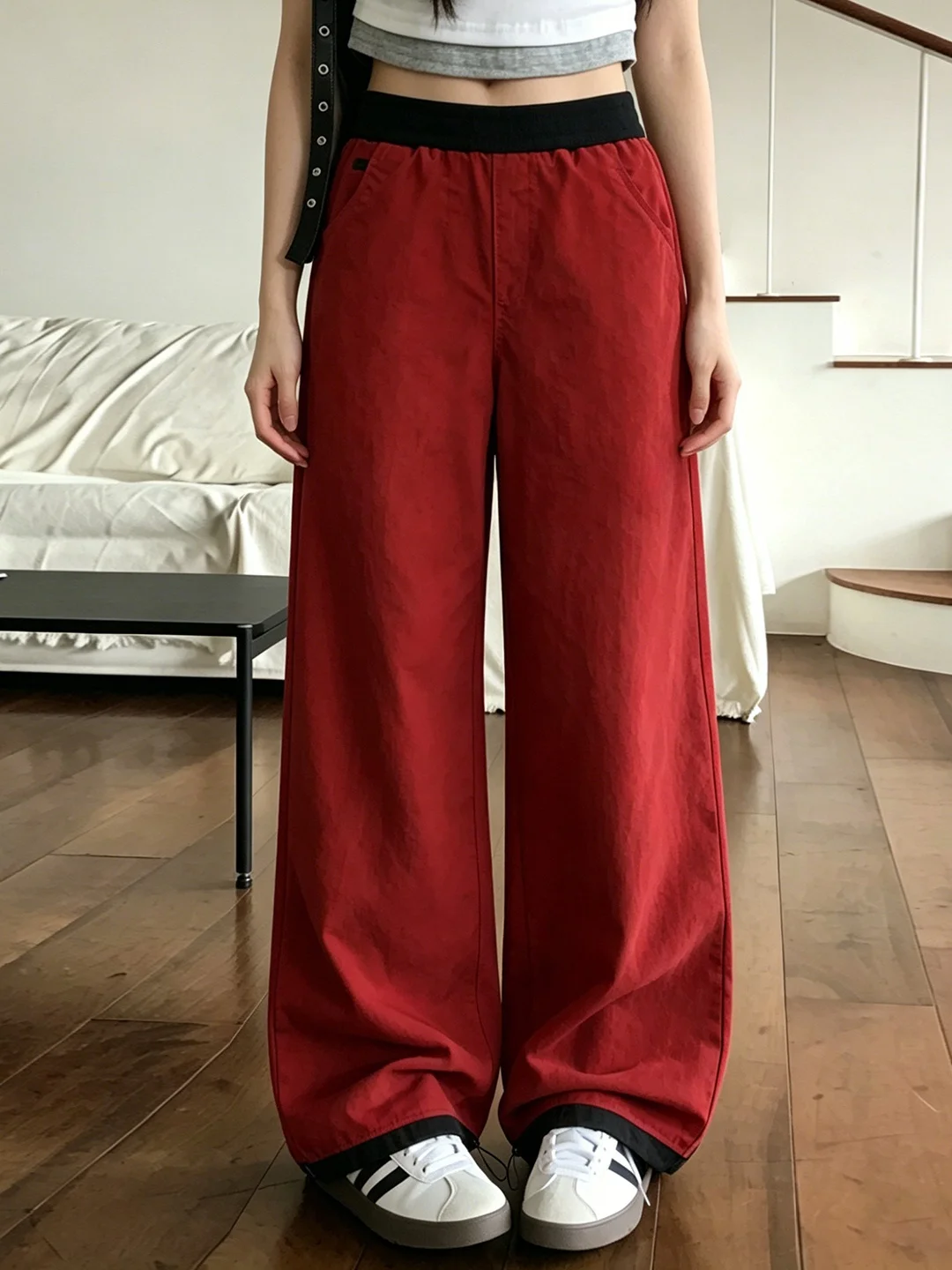 

WEEKEEP American Street Style Color Block Wide Leg Loose Drawstring Casual Pants Women Versatile Slimming Dancing Long Trousers