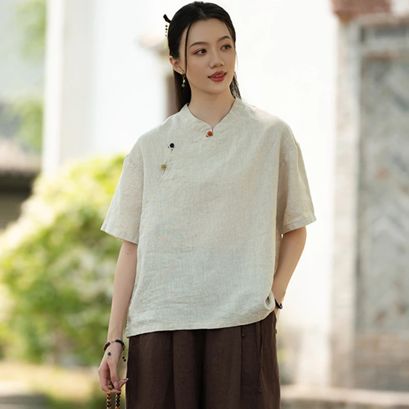

Женская хлопково-льняная повседневная рубашка в китайском стиле, Новое поступление, лето 2025 года, винтажные женские топы с короткими рукавами и воротником-стойкой, T620