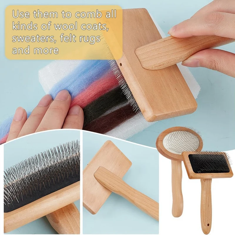 SEWS-4Pcs Wooden Wool Carder,Slicker Brush Wood Spinning-Tool Felting Tool Kit With 12Pcs Craft Wool Needle For Yarn Blending