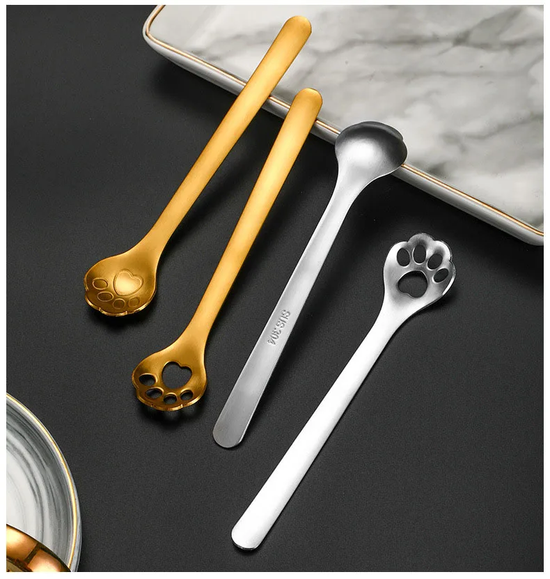 304 Stainless Steel Spoon Creative Cute Cat Claw Peanut Butter Hollow Spoon Long Handle Tableware Coffee Spoons Accessories