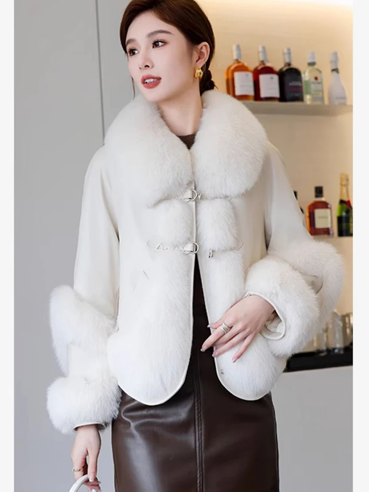 New Fashion Natural Fox Fur Coat Women's Genuine Sheepskin Leather Jacket Warm Luxury Female Coats Goose Gown Jacket