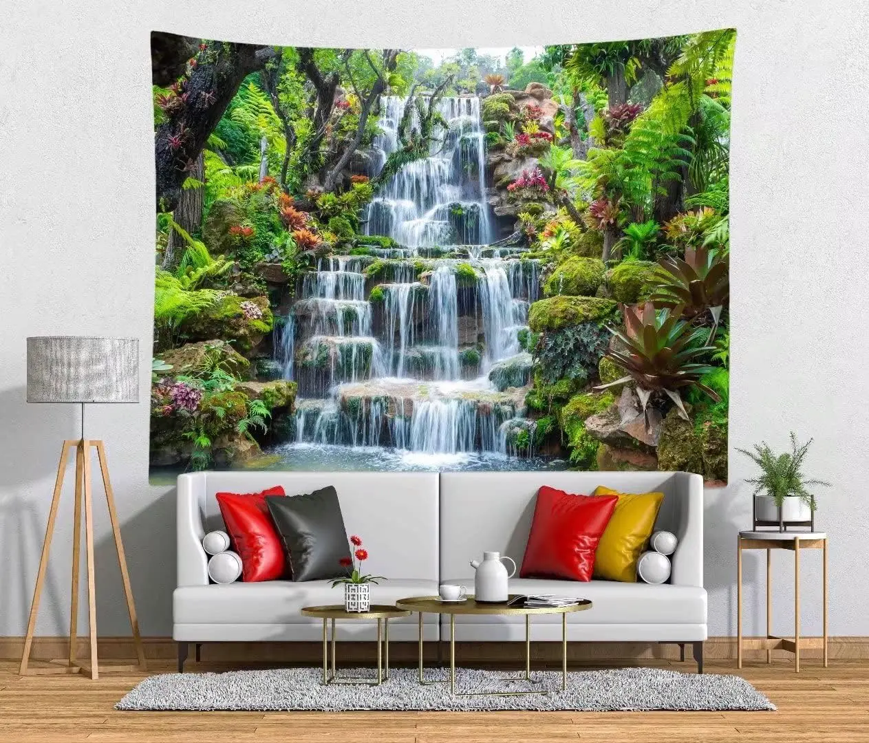Forest Garden Waterfall Tapestry Wall Hanging Mountain Rocks Flowing Water Scenery Green Plants Trees Beautiful Nature Wall