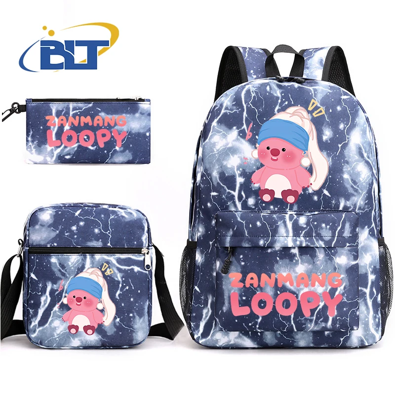 Cute Loopy Print Backpack Set para crianças, bolsa de escola estudantil, bolsa de ombro, lápis, meninos e meninas, 3 pcs