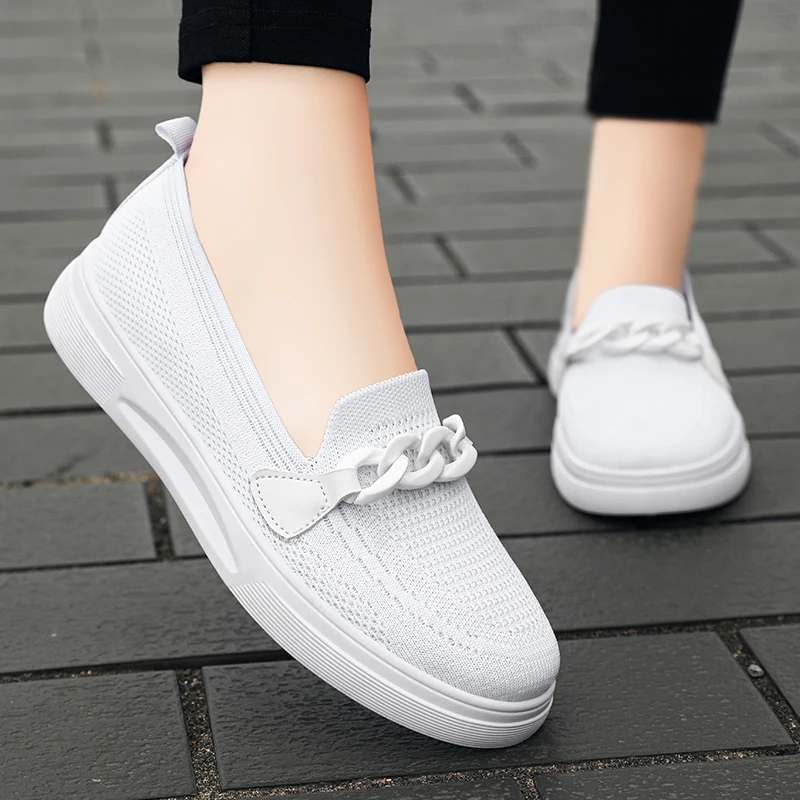 Women\'s Summer Footwear Slip On Female Chain Ballet Flats Sneakers Elegant Comfortable White Nurse Shoes Ladies Loafers