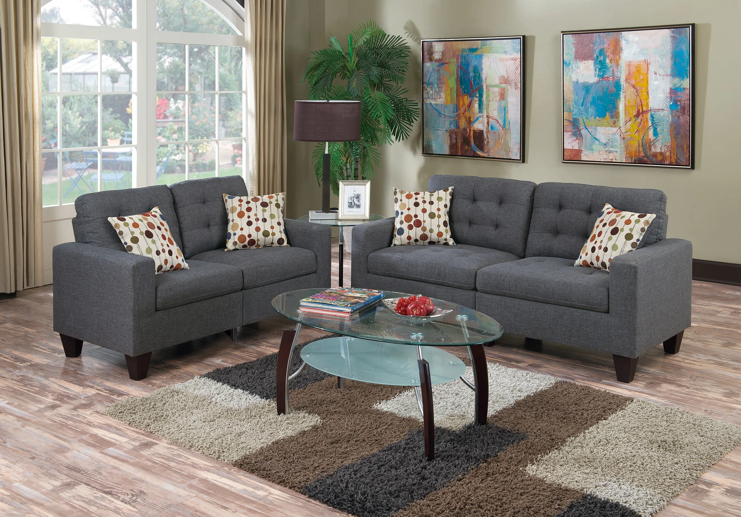 

Living Room Furniture 2pc Sofa Set Blue Grey Polyfiber Tufted Sofa Loveseat w Pillows Cushion Couch Solid pine