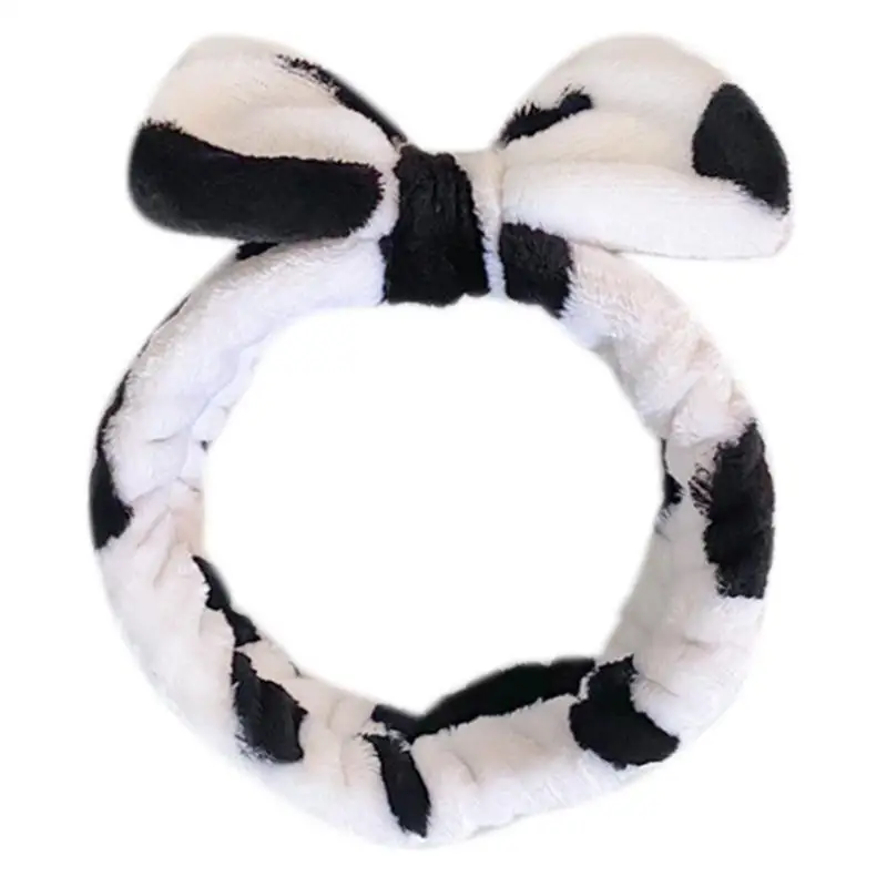 

652F Cow Pattern Wash Face Hair Holder Hairbands Soft Flannel Animal Horns Headband for Women Girls Turban Hair Accessories