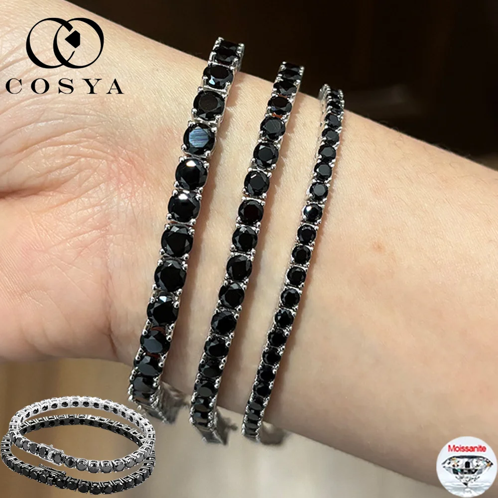

COSYA 3/4/5/6,5 мм полностью настоящий черный муассанит теннисный браслет для мужчин и женщин S925 серебро лабораторный бриллиант ручная цепочка вечерние ювелирные изделия