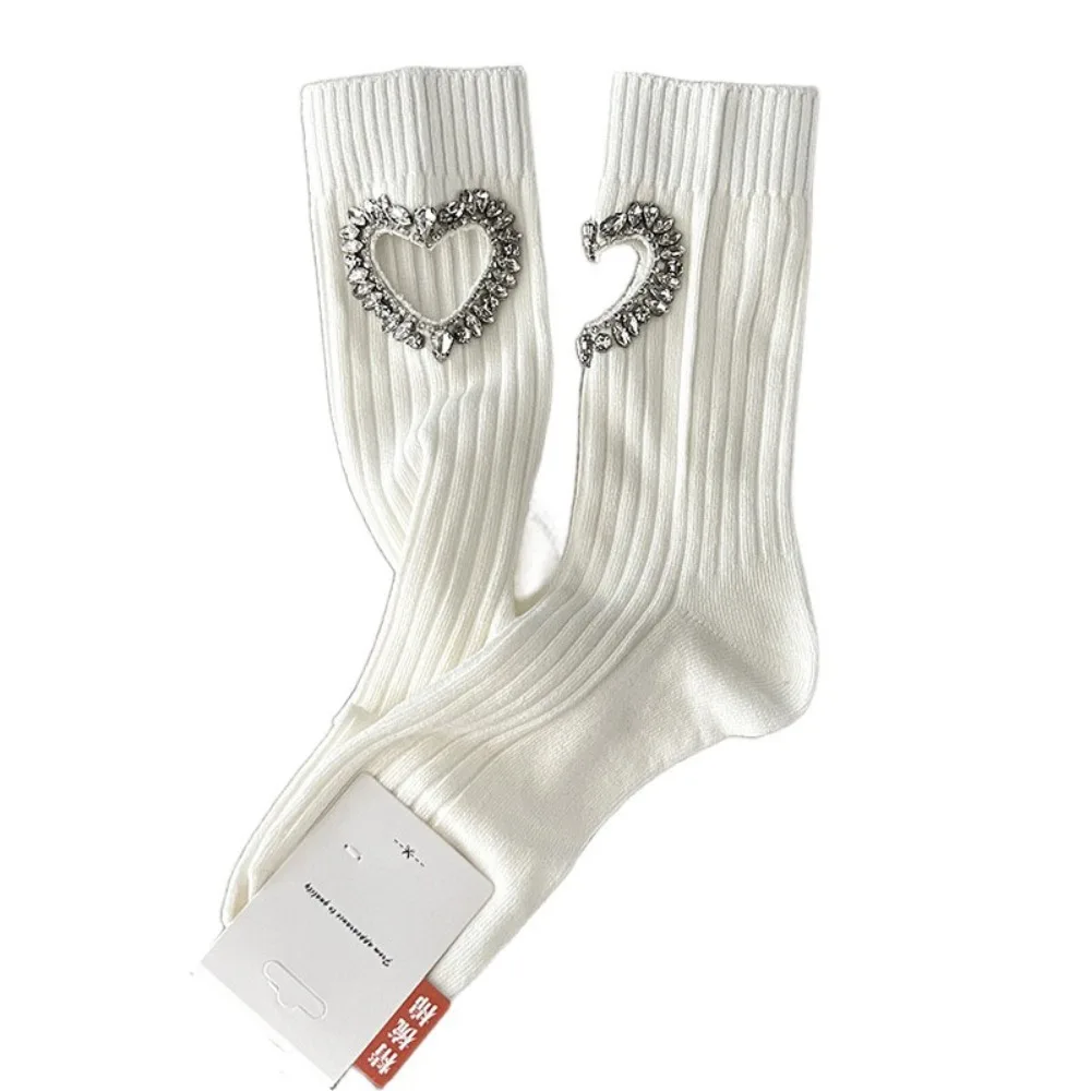 

Breathable JK Rhinestone Heart Socks Crystal Sweet Y2K Tube Socks Harajuku Cotton Mid-calf Socks Women Lolita