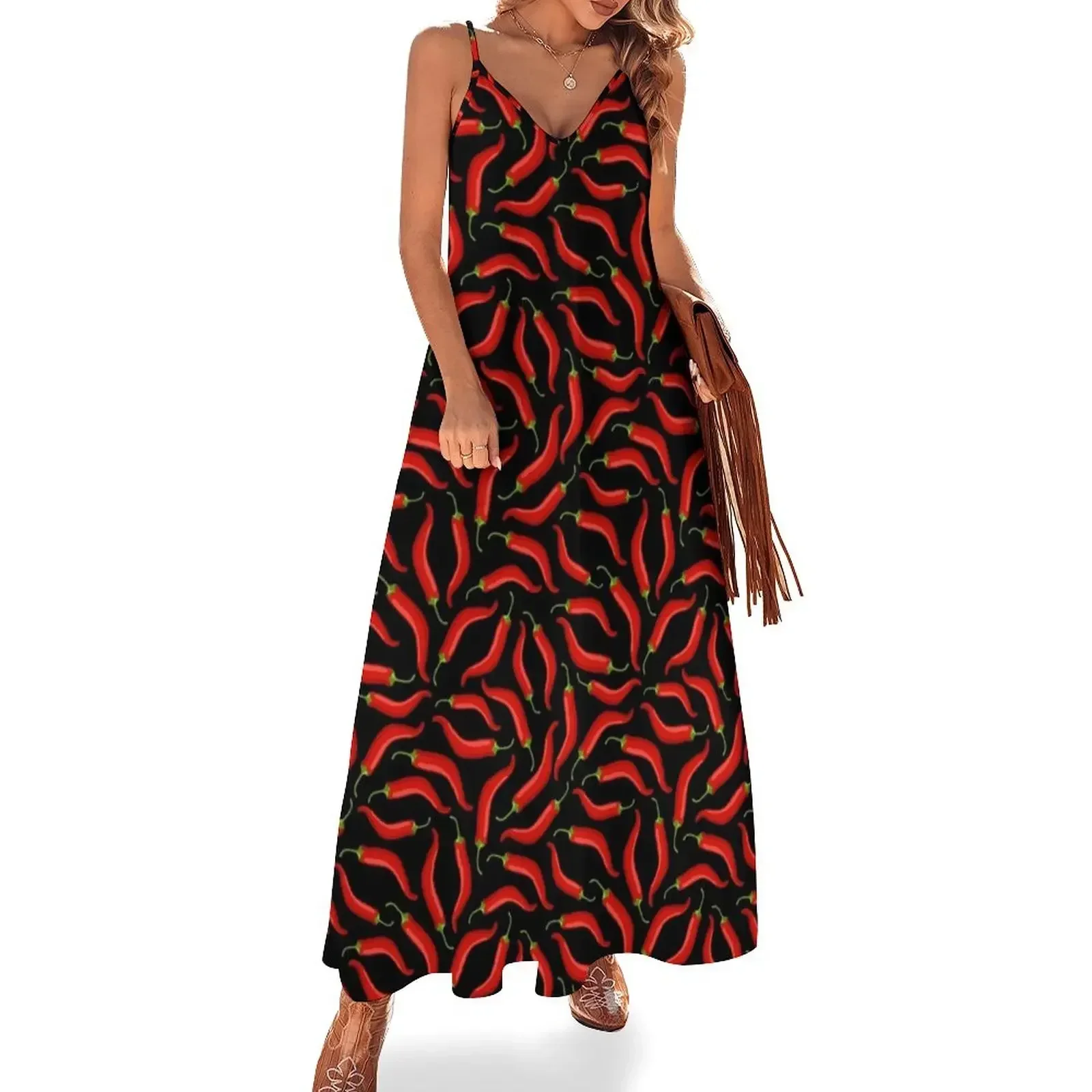 

Hot red chili pepper pattern with black background Sleeveless Dress Woman clothing women's fashion dresses Dress