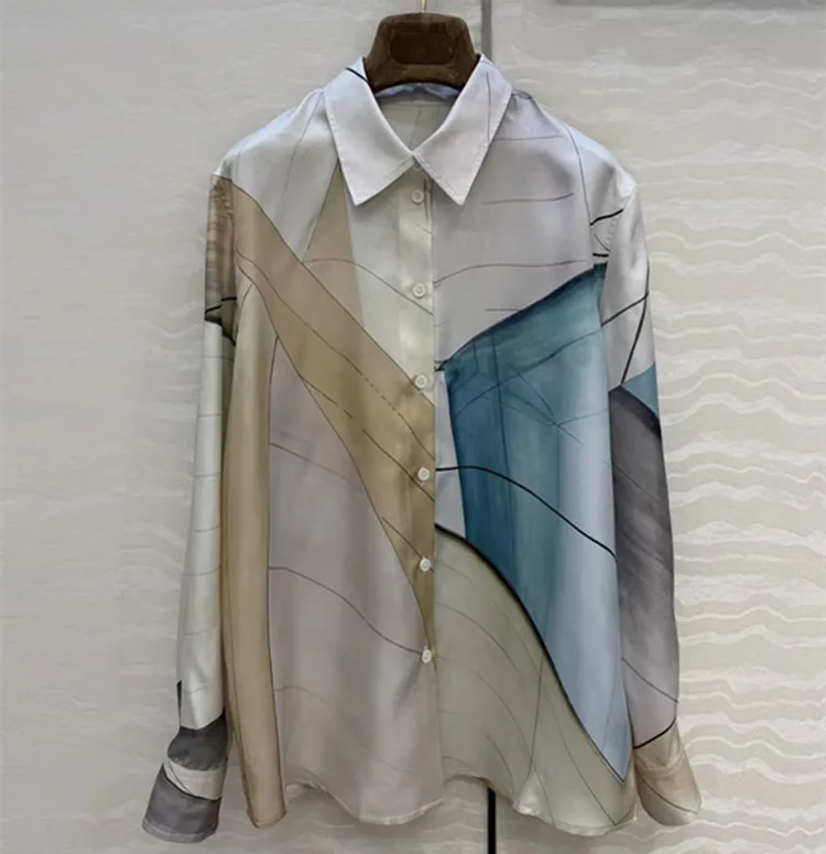 

Customization European women's clothing - new summer styles for 2026 Long-sleeved button-down printed silk blouse shirt