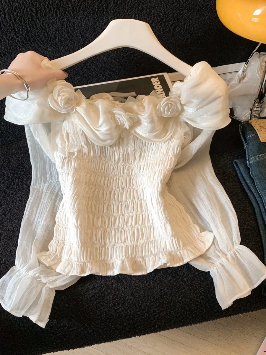 

Stunning 3D Floral One Shoulder Chiffon Shirt Women's Pure Desire Beautiful Lace Small Top Apricot Color Top Spring Fashion