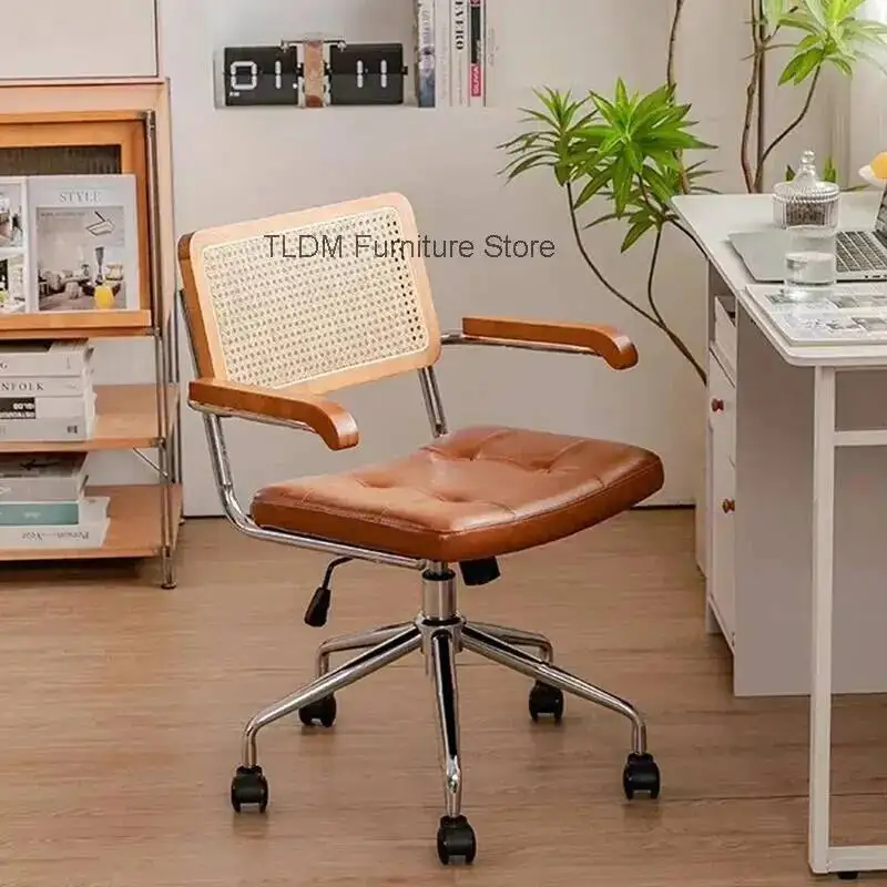 Swivel Rattan Computer Chair Office Home Comfort Sedentary Poltrone Solid Wood Chair Study Retro Lifting Medieval Furniture