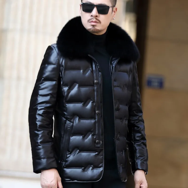 New Winter Men\'s White Duck Down Coat Leather Jacket Men Fashion Lapel Thick Business Casual Warm Male Fur Collar Outerwear