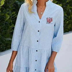 Women's Dress Summer New Fashion Senior Elegant Vintage Stripe Women's Dress V-Neck Loose Beach Popular Ladies Versatile Dress