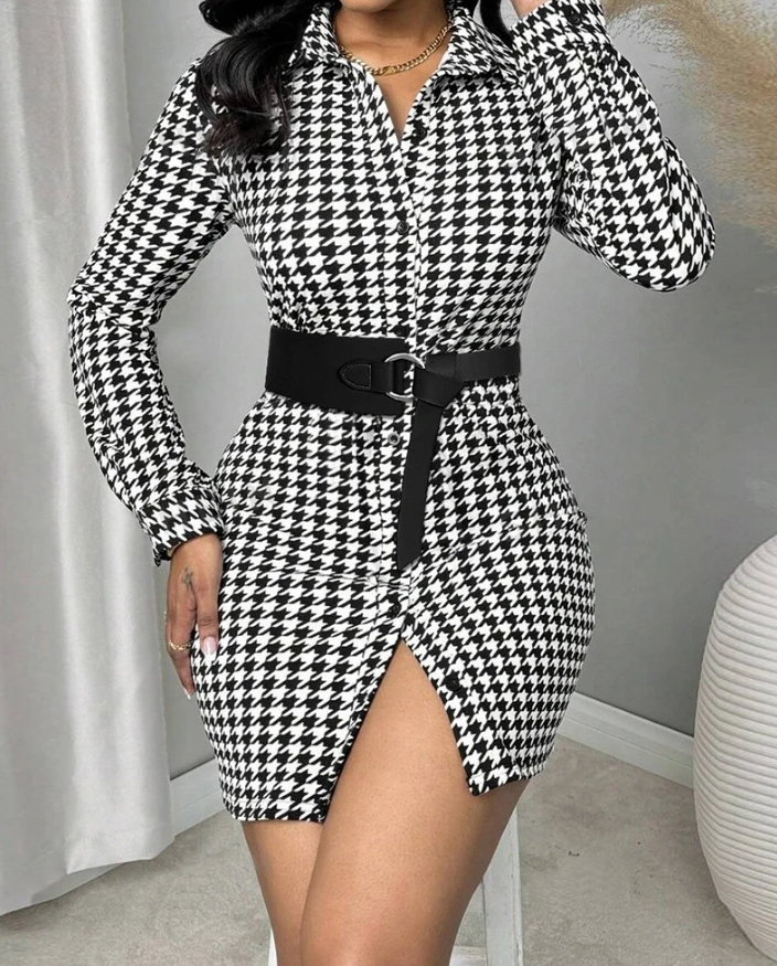 

Elegant Dress 2024 Woman Fashion Houndstooth Printed Long Sleeved Lapel Slim Fit Dresses Front Button High Waist Mini Dresses