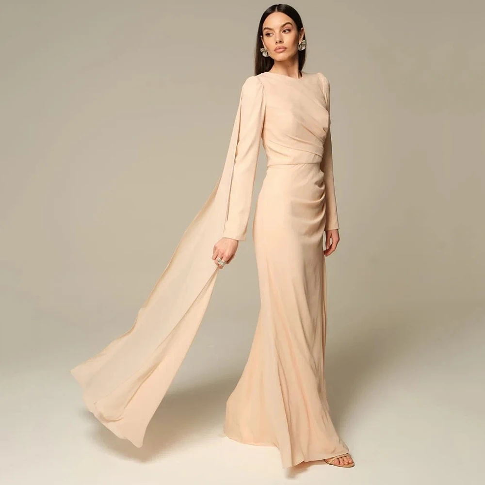 

Customized Beige O-neck Chiffon Mermaid Evening Dress Full Sleeves With Sweep TrainParty Dress Simple Full Sleeves Prom Gown