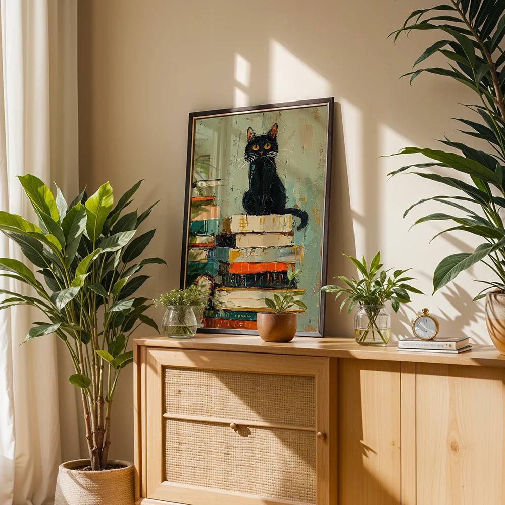 Oil‑painting Style Black Cat On Books Canvas Wall Decor Picture, 2D Printed Poster Wall Art, Aesthetic Home Decor Gift For Livin