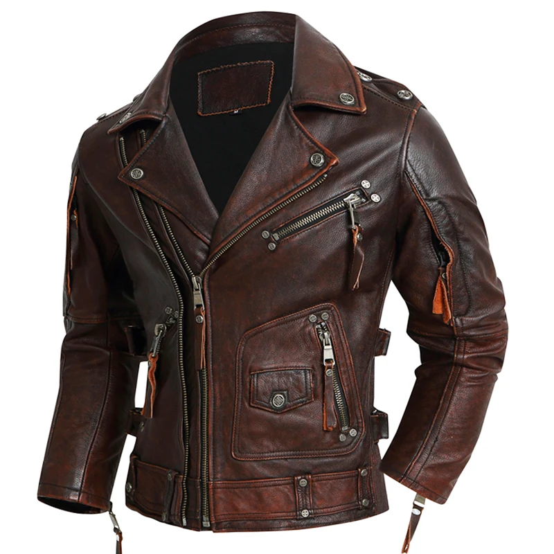 

Men Leather Jacket Biker Clothes Genuine Cowhide Jackets Slim Stone Grinding Vintage Motorcycle Coat Chaquetas Moto Hombre