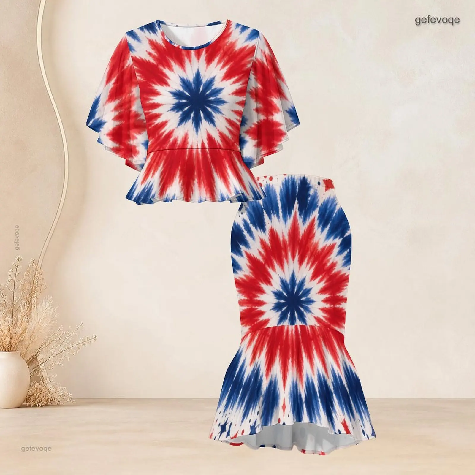 Batwing Sleeve Ruffle Hem Top Fishtail Skirt Two Piece Printed Skirt Set for Women