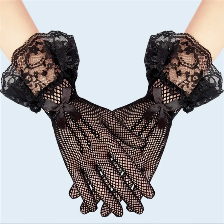 Guantes cortos negros elegantes para novias, accesorios de boda con borde de encaje para novia y dama de honor